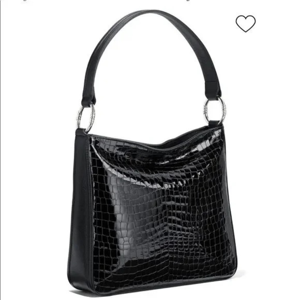 Brighton Cher Pewter Accent Black Crocodile Embossed Patent Leather Shoulder Bag
